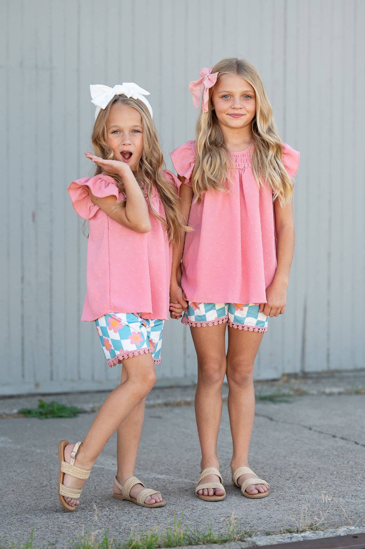 Girls Pink & Teal Spring Summer Retro Check Wave Short SET